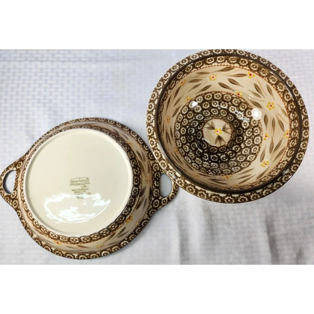 Set‎ 2 Temptations By TARA Old World Brown Yellow Pie Dish & Lid / Serving Bowl